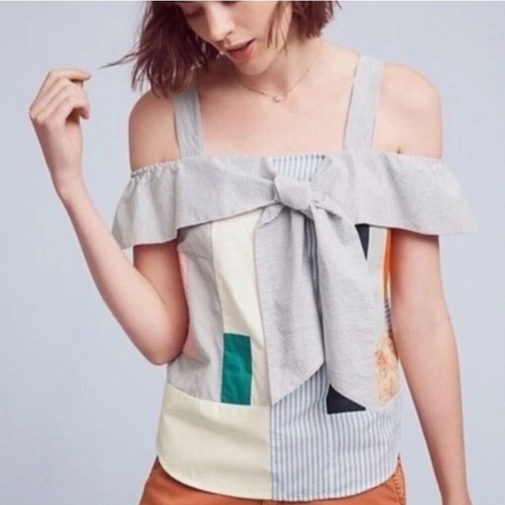 Sz 2 Anthropologie Maeve Medley Patchwork Top Boho Cottagecore Nautical Beachy